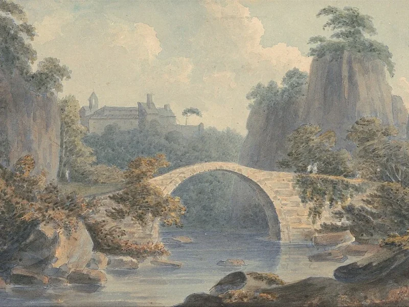 1749-John Smith - Paesaggio fluviale con un unico ponte ad arco